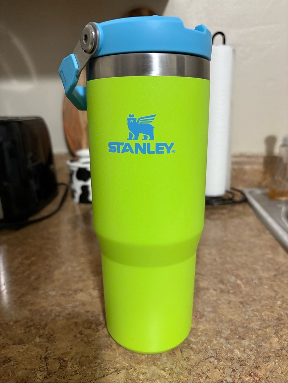 Stanley Bright Lime Travel Tumbler with Light Blue Accents